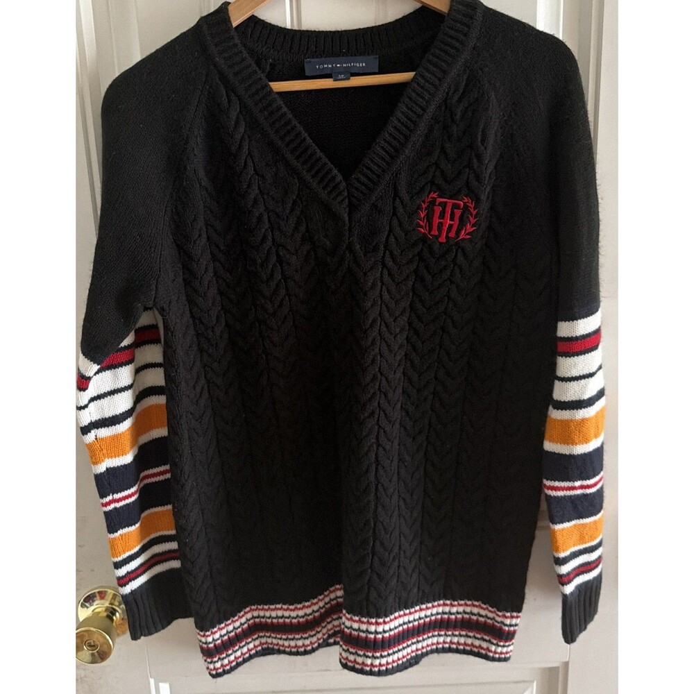 Tommy Hilfiger Embroidered V Neck Striped Chunky Knit Fisherman's Sweater Small
